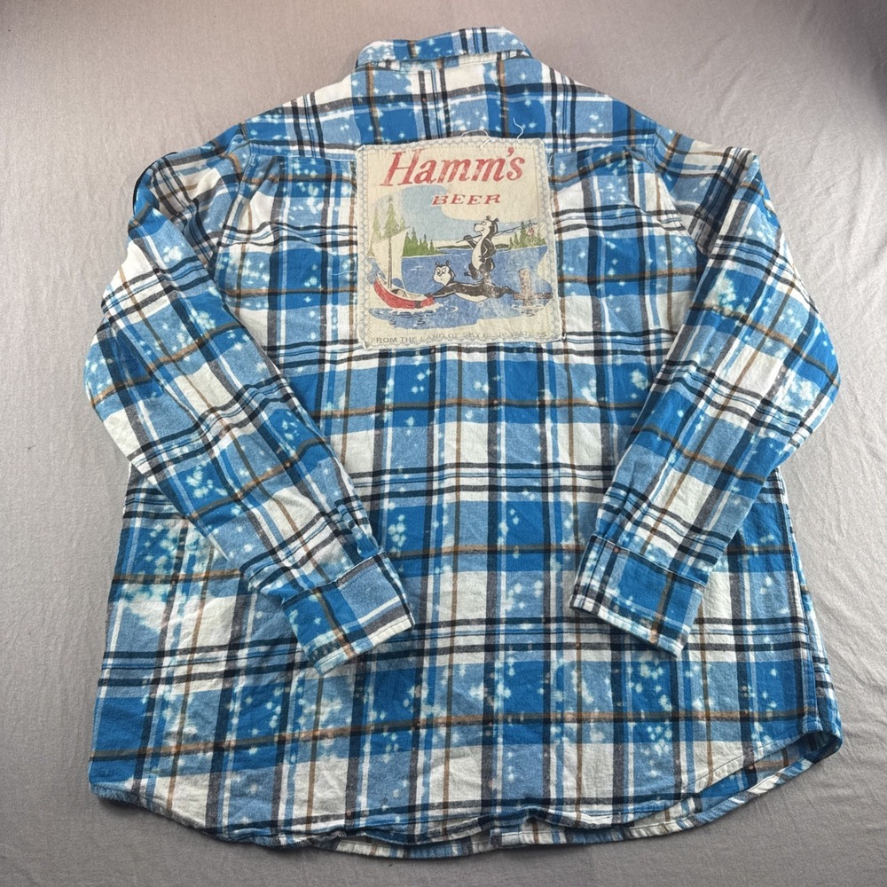 Angry Minnow Hamms Flannel Mens XL Blue Plaid Bleached Long Sleeve Beer Patch